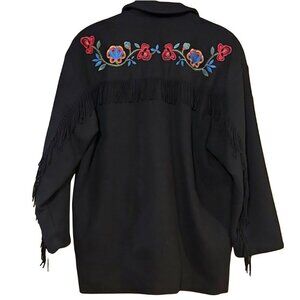 Eddie Bauer Black Wool Western Tassels Embroidered Pea Coat, Sz Large, Vtg